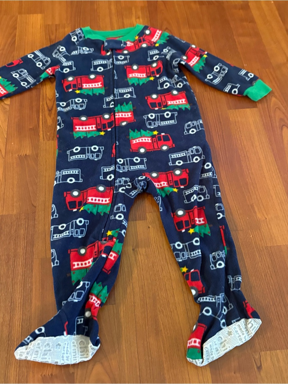 Carter's Navy Footed One-Piece with Red Fire Truck and Christmas Tree Print